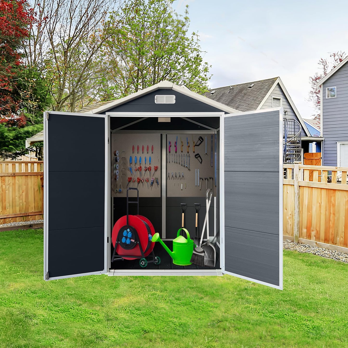 YOPTO 6x4 FT Storage Shed,Plastic Outdoor Storage Shed with Floor and Lockable Door,Waterproof Garden Shed W/Windows & Vents,Sloped Roof,Tool House for Storing Bicycles,Lawnmowers,Cold Grey
