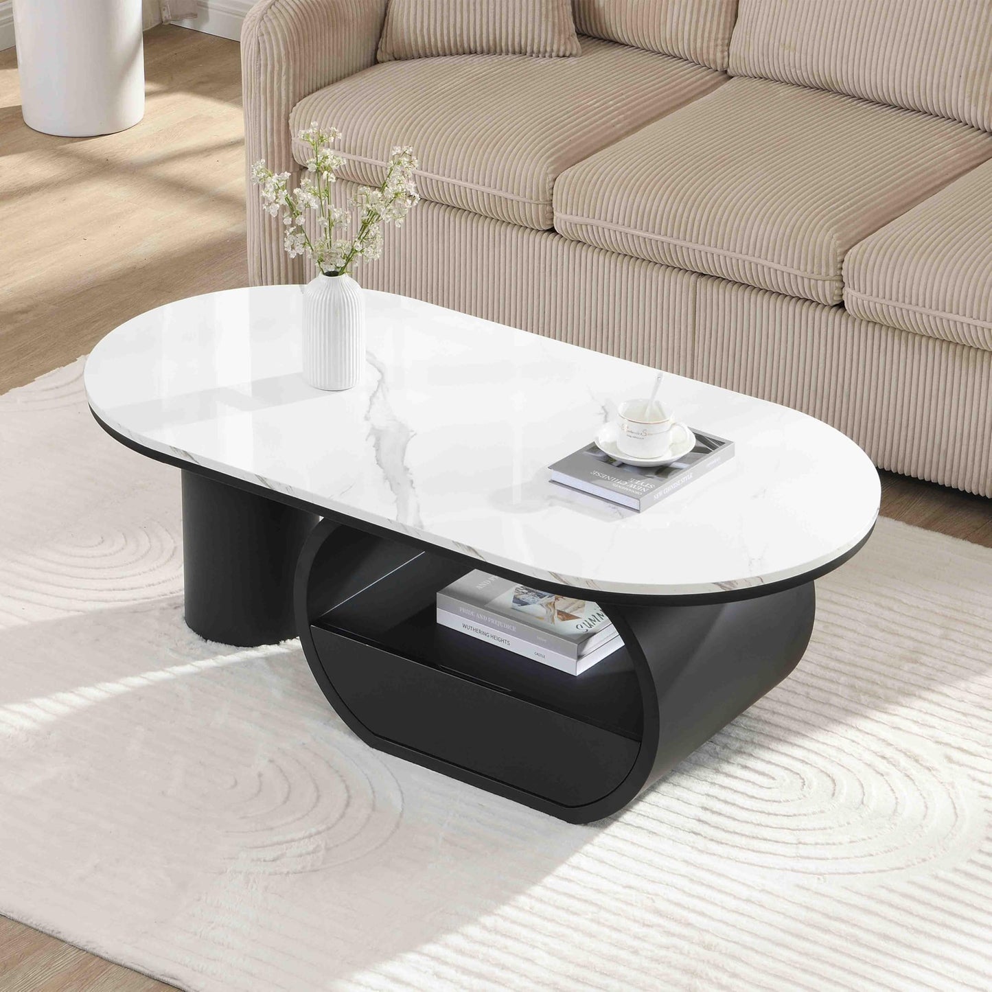 KEIKI Luxury Modern Oval Coffee Table with Storage Drawer, 47.24" Faux Marble Top, Wooden Coffee Table with Shelf, Sturdy Black Metal Frame for Living Room & Office, Black White