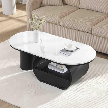 KEIKI Luxury Modern Oval Coffee Table with Storage Drawer, 47.24" Faux Marble Top, Wooden Coffee Table with Shelf, Sturdy Black Metal Frame for Living Room & Office, Black White