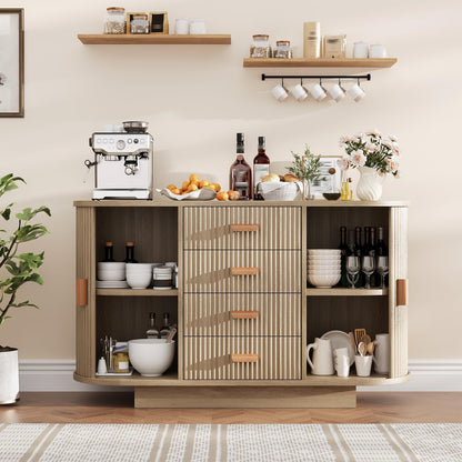 47" Fluted Sideboard Buffet Cabinet with 4 Drawers and 2 Arched Sliding Doors, Coffee Bar Storage Console Cabinet,Multi-Functional Coffee Bar Cabinet, Accent Table for Dining Living Room, Natural Oak
