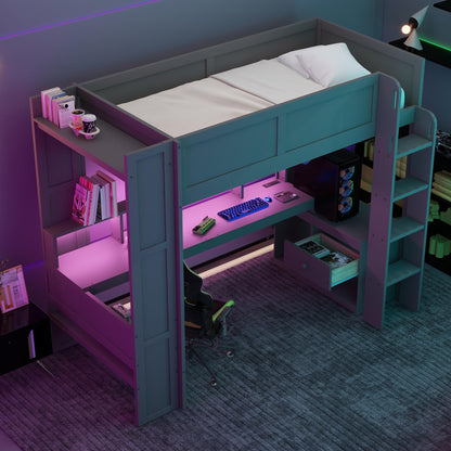 Ball & Cast Twin Size Gaming Loft Bed with Built-in Desk, LED and Charging Station,Wood Loft Bed Frame w/Multi-Storage Shelves,No Box Spring Needed,Ladder,for Kids,Teens,Adults,Dark Gray