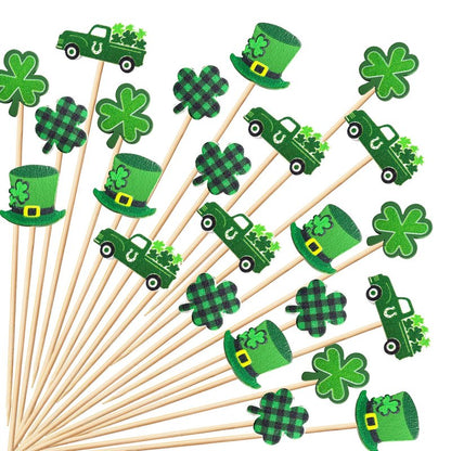 100 Pcs St Patrick's Day Shamrock Cocktail Picks Irish Green Hat Beer Clover Cupcake Toppers Disposable Party Shamrock Sticks for St. Patrick's Day Decoration Party(Truck Style)