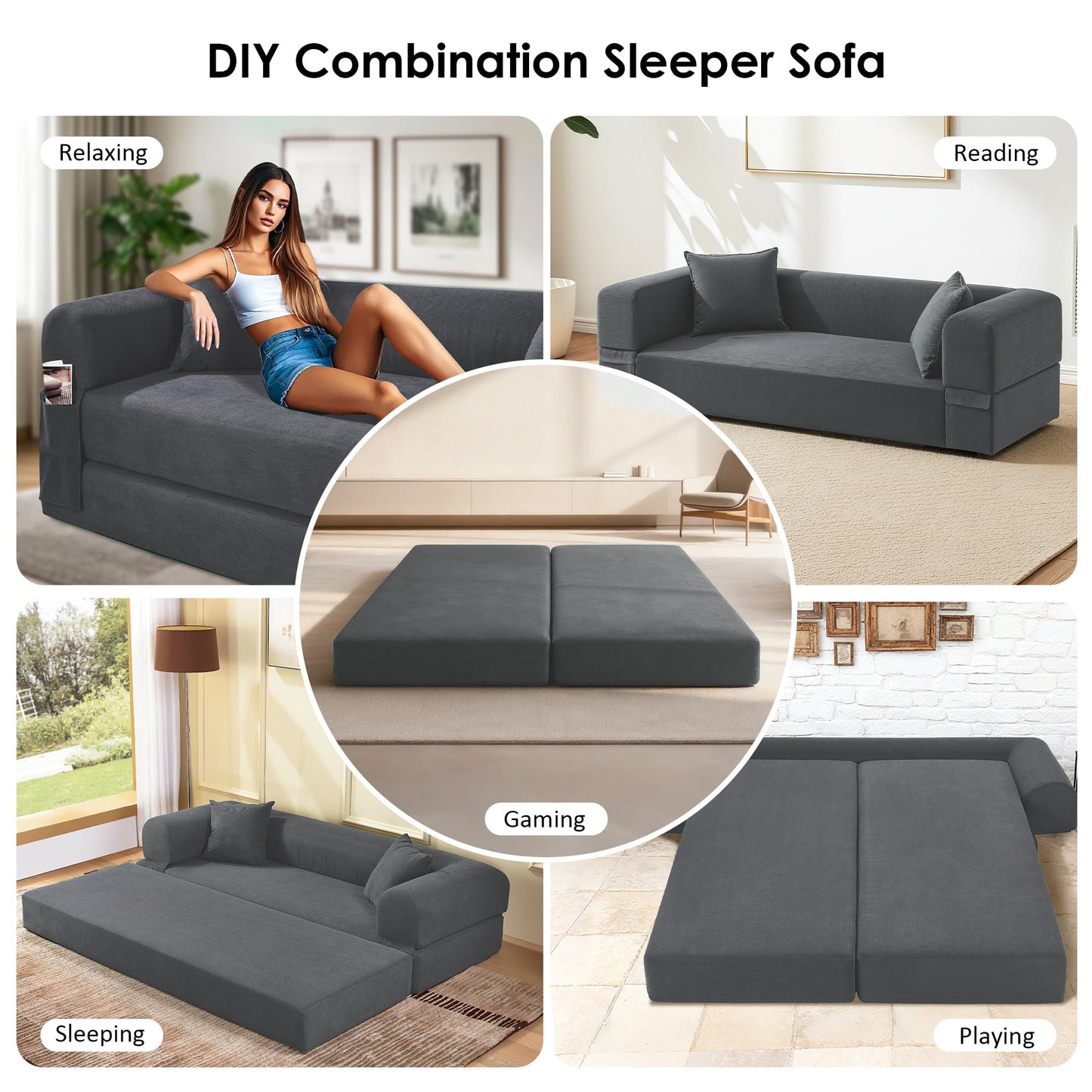 80” Convertible Sofa Bed, Cloud Boneless Couch Floor Sleeper Bed with Pillows, Corduroy Compression Sofa in Box, No Assembly Modular Lounge Couch for Living Room, Smog Gray