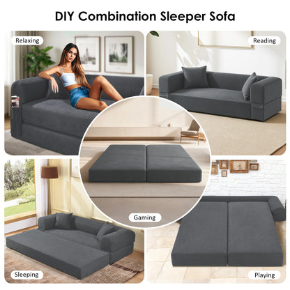 80” Convertible Sofa Bed, Cloud Boneless Couch Floor Sleeper Bed with Pillows, Corduroy Compression Sofa in Box, No Assembly Modular Lounge Couch for Living Room, Smog Gray