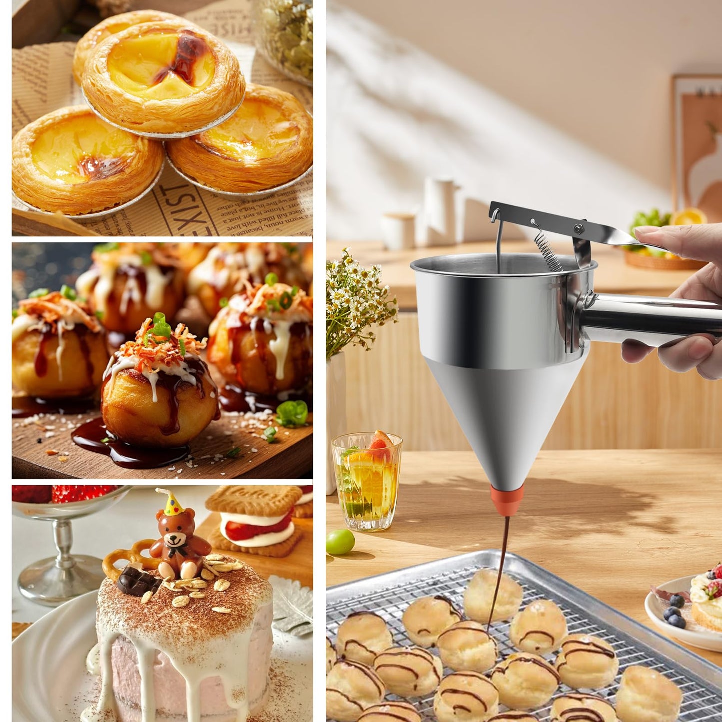 40oz Pancake Batter Dispenser, Stainless Steel Funnel Cake Dispenser with Stand Heavy Duty Baking Tool for Cupcake Waffles Cakes Takoyaki and Kitchen Baking (Large)
