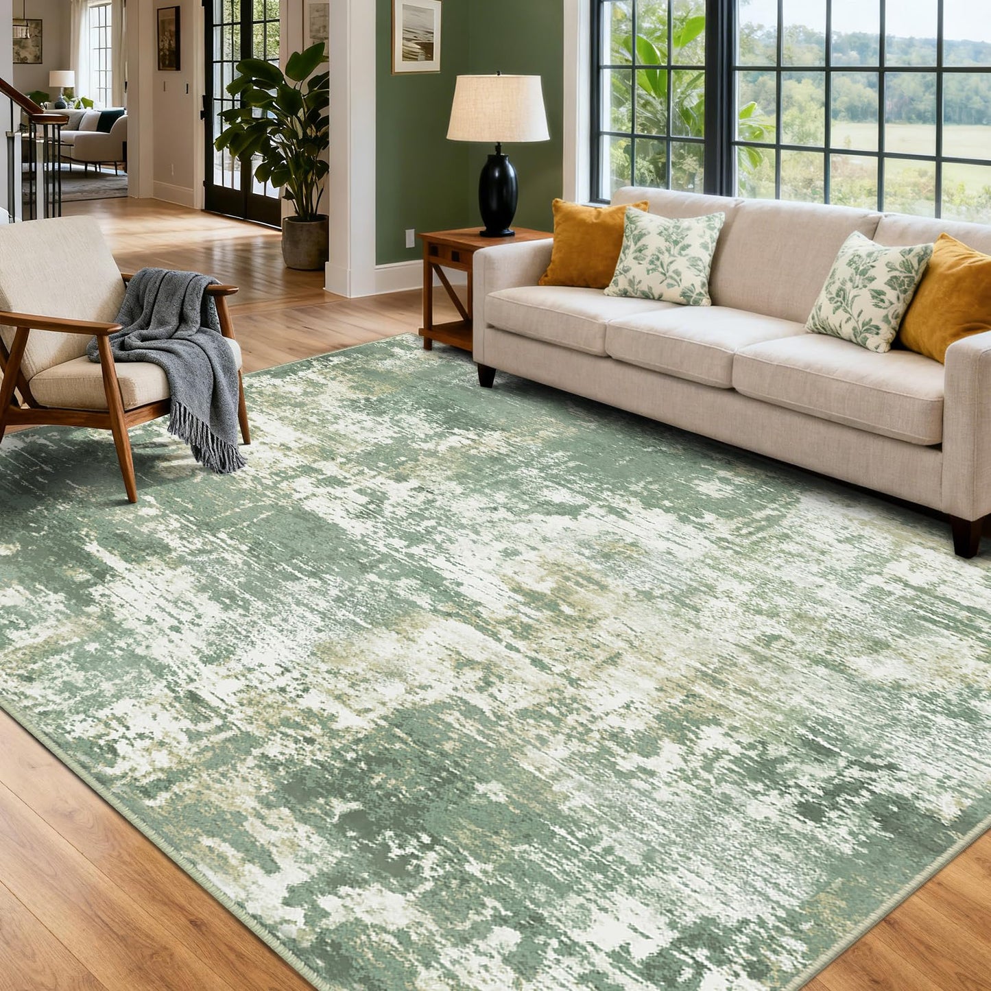 RELEANY Washable Area Rugs 10'x14 Non-Slip Modern Abstract Soft for Living Room Entryway Bedroom Nursery, Print Pattern, Light Green/Yellow