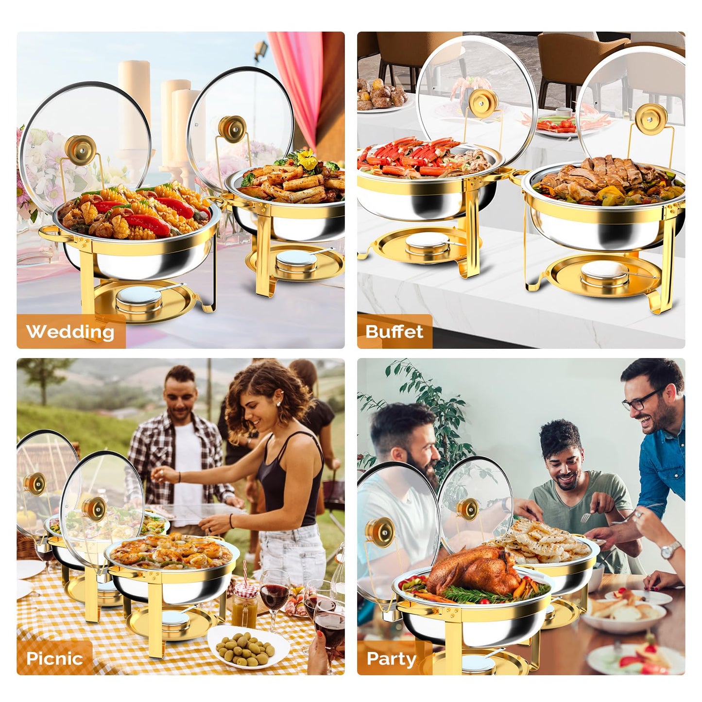 ROVSUN Chafing Dishes for Buffet 8Pack, 6QT Round Chafing Dish Buffet Set with Glass Lid & Lid Holder, Stainless Steel Chafers and Buffet Warmers Sets for Party Wedding Catering Events, Gold
