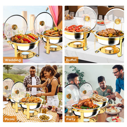 ROVSUN Chafing Dishes for Buffet 8Pack, 6QT Round Chafing Dish Buffet Set with Glass Lid & Lid Holder, Stainless Steel Chafers and Buffet Warmers Sets for Party Wedding Catering Events, Gold