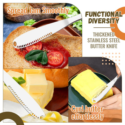 Sirmme Butter Knife 4 PCS, Stainless Steel Spreader with Curler & Grater Holes, Serrated Cutter Edge for Easy Slice & Spread, Ideal for Hard or Soft Butter - 3 in 1 Better Kitchen Gadgets