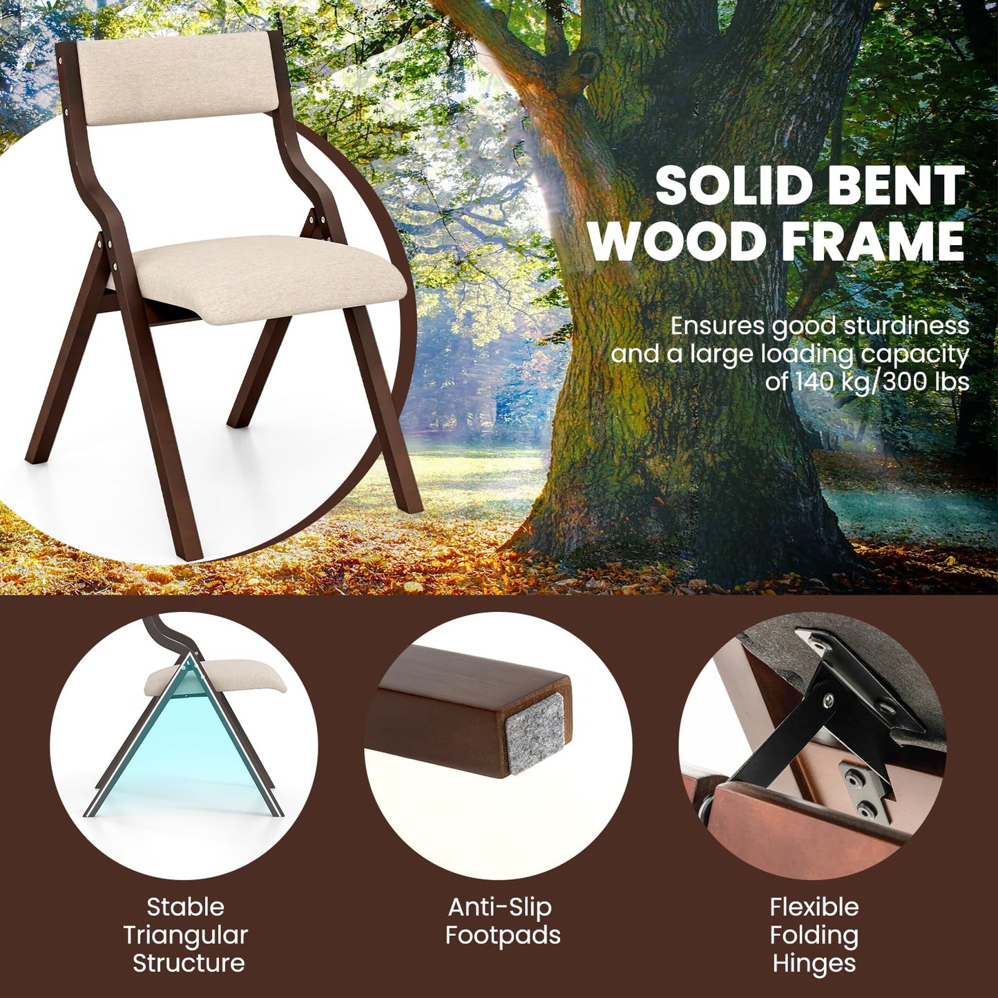 Giantex Folding Dining Chairs Set of 4, No Assembly Folding Chairs w/Linen Padded Seats, Wood Foldable Kitchen Chairs, Easy to Store Extra Event Chairs, Padded Folding Chair for Wedding Guests Party