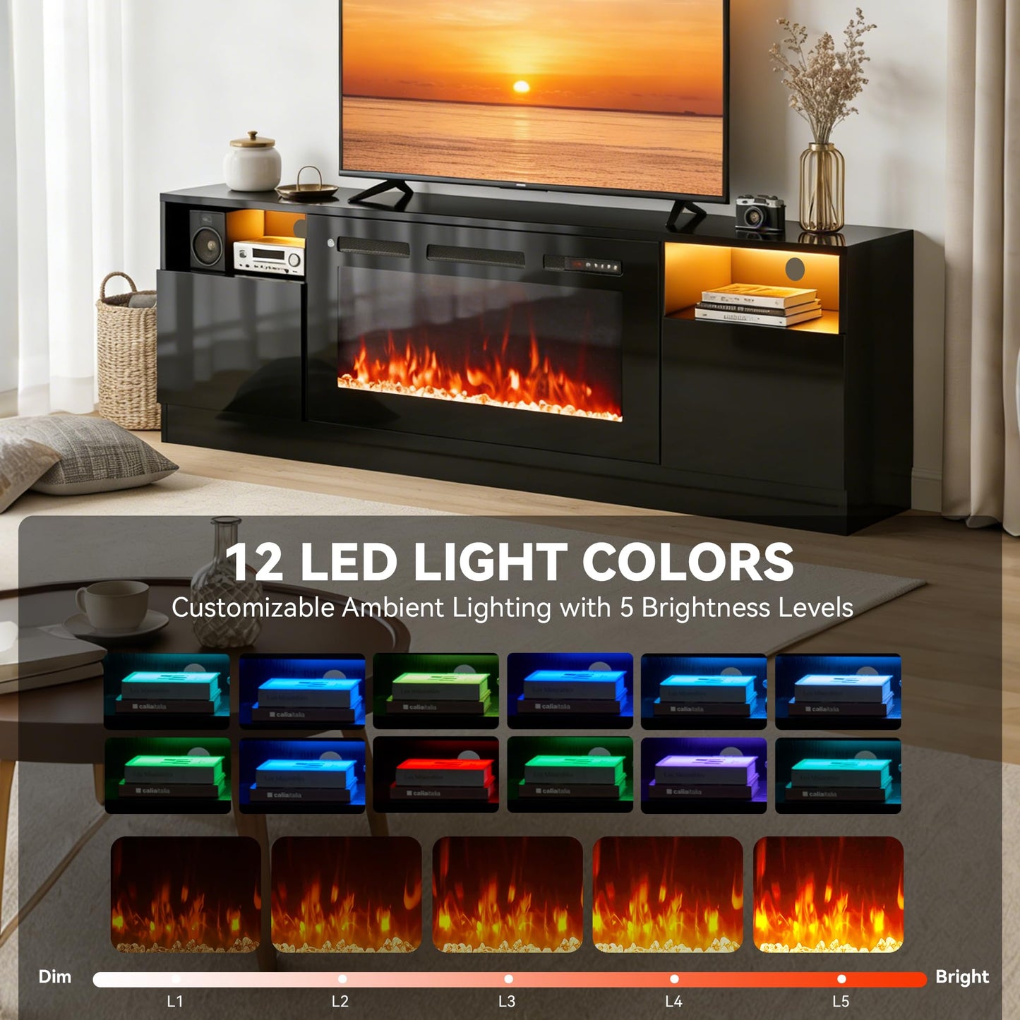 OneBlis 70" Fireplace TV Stand with 36" Electric Fireplace, LED Light Entertainment Center for TVs Up to 80", High-Gloss Door, Modern TV Console for Living Room with Storage Cabinet, Black+Black