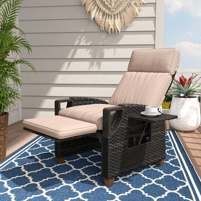 Grand patio Outdoor Recliner with Independent Adjustable Back and Footrest, Air Pump 150° Lay Flat Reclining Chair Removable Olefin Cushion Flip-Up Table Wicker Beige 1PC