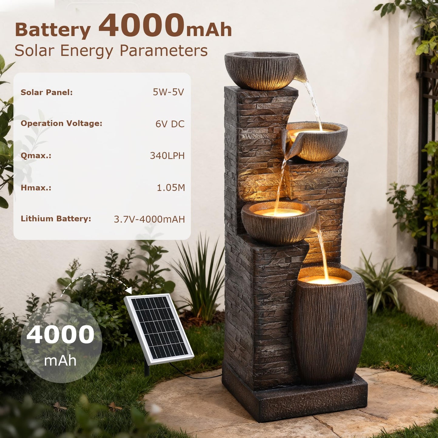 Pivotify 38.2" Tall Solar Powered Water Fountain for Outdoor,4 Tiers Modern Cascading Bowls and Stacked Stones Solar Fountains with LED Lights for Garden, Patio, Deck, Backyard and Home Art Decor