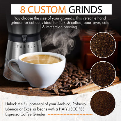 HAIYUECOFEE Manual Coffee Grinder with 8 Adjustable Coarseness Settings, Hand Crank Coffee Mill with Ceramic Burr for Espresso Beans, French Press, Pour Over, Drip Coffee – Rustproof, Non-Dulling