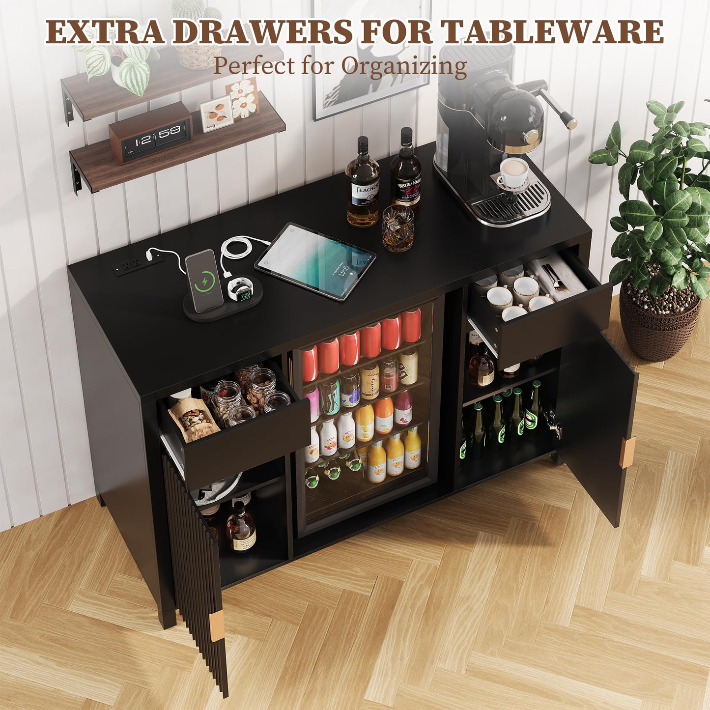 Garvee 53" Large Coffee Bar Cabinet with Fridge Space, Mini Fridge Cabinet with Wine Storage, Buffet Sideboard Table for Home, Fluted Liquor Cabinet with Wine Rack for Home, Living Room-Black