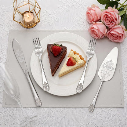 DEAYOU 4 PCS Wedding Cake Knife and Server Set, Stainless Steel Cake Cutting Set with Forks, Engraved Cake Cutter Pie Spatula for Engagement, Anniversary, Birthday, Bride and Groom Gift, Silver