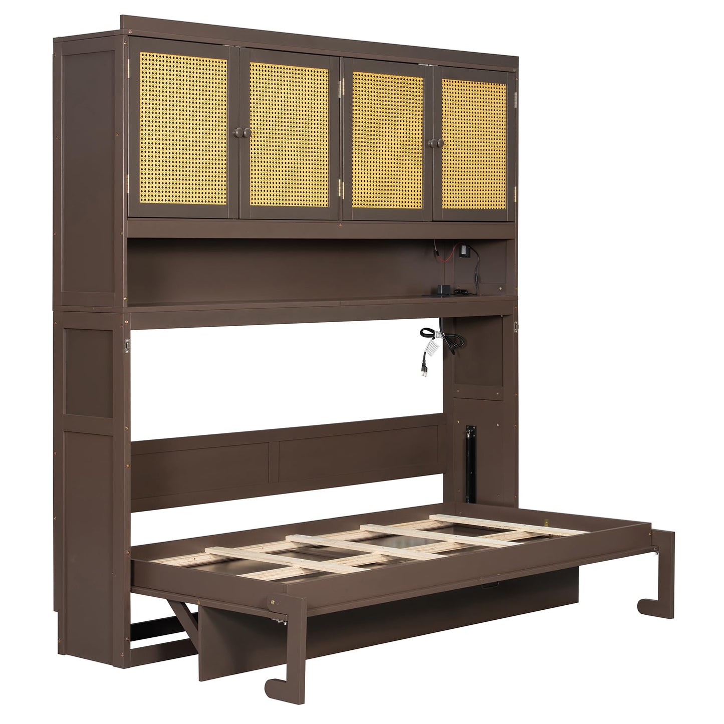 DNYN Murphy Bed Frame with Top Cabinet and LED for Bedroom/Guest/Study Room, Twin Size Wooden Foldable Wall Bed with USB Ports, Space-Saving Design & No Box Spring Needed