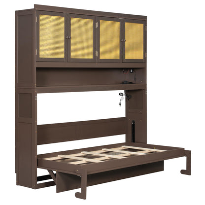 DNYN Murphy Bed Frame with Top Cabinet and LED for Bedroom/Guest/Study Room, Twin Size Wooden Foldable Wall Bed with USB Ports, Space-Saving Design & No Box Spring Needed