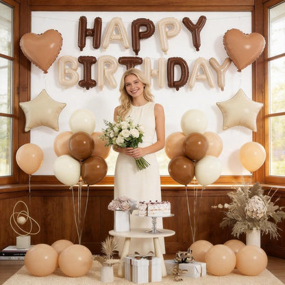 29PC Cream Brown Happy Birthday Balloon Banner, 16Inch 3D Aluminum Letter Banner Sign, Brown Apricot Dusty Ivory White Balloon 18 Inch Star Heart Foil Balloon for Women, Men Party Supply