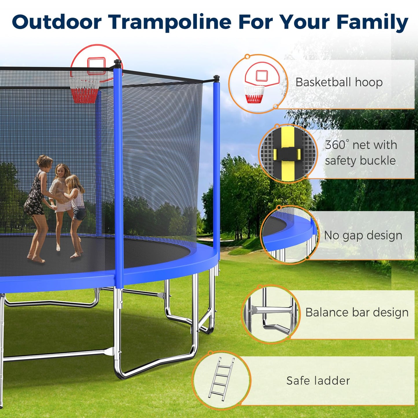 Tatub Upgrade 16FT Trampoline for Kids and Adults, Outdoor Recreational Trampolines with Basketball Hoop & Enclosure Net, Blue