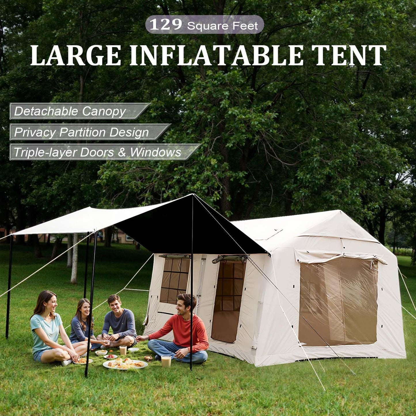 13'x10' Inflatable Camping Tents with Blackout Canopy, Large Inflatable Tent 10-12 Person, 4 Season Blow up Tents for Camping with Stove Jack, Waterproof Inflatable Hot Tent for Camping Outdoors
