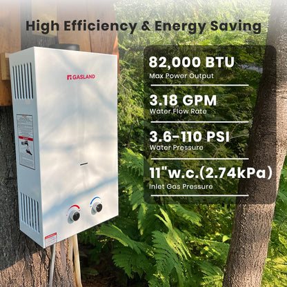 GASLAND BS318 Outdoor Propane Tankless Water Heater 3.18GPM, 12L Portable Hot Water Heater for Cabin, Barn, Camping, RV, Overheating Protection, Easy to Install, White
