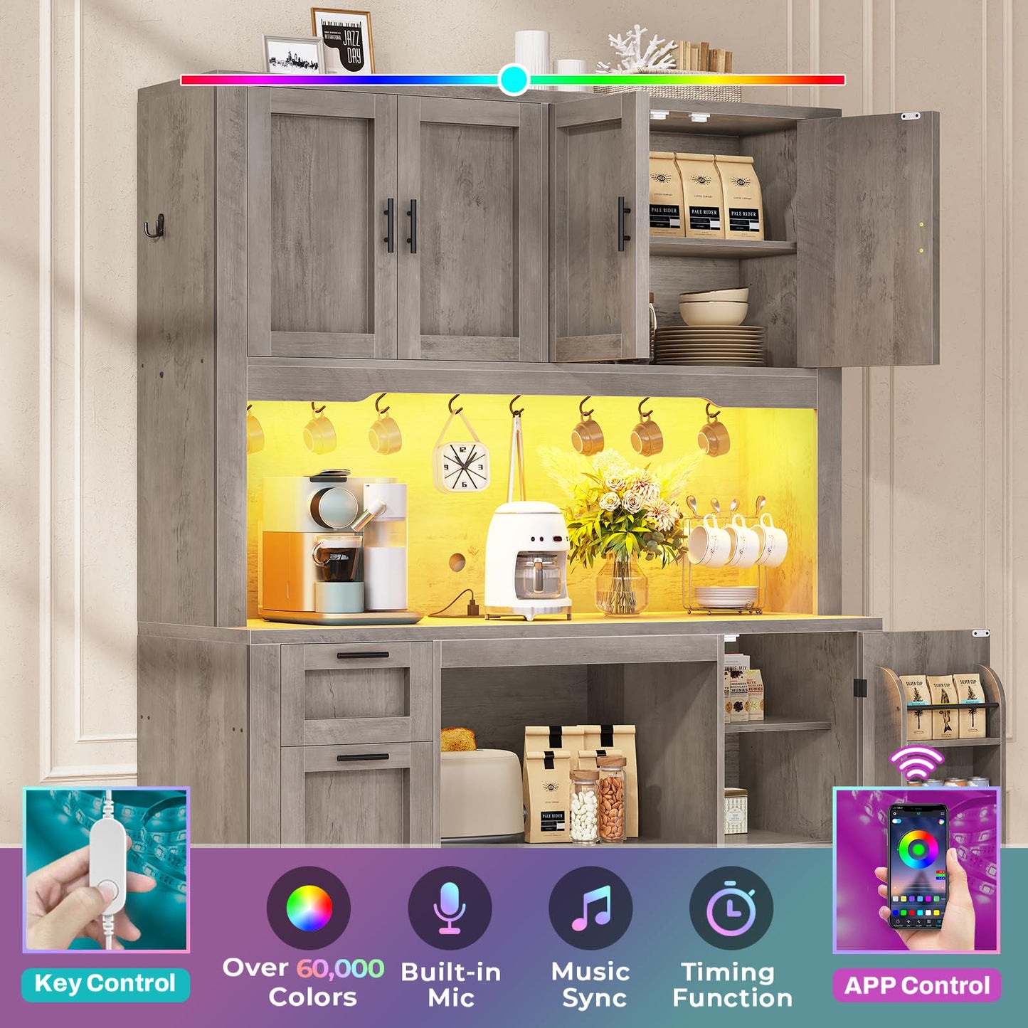 Itaar 71" Pantry Cabinet with Charging Station and LED Light, Kitchen Pantry Cabinet with Microwave Stand, 47.2" Wide Kitchen Storage Cabinets with Storage Cart 3 Tier for Dining Room, Grey