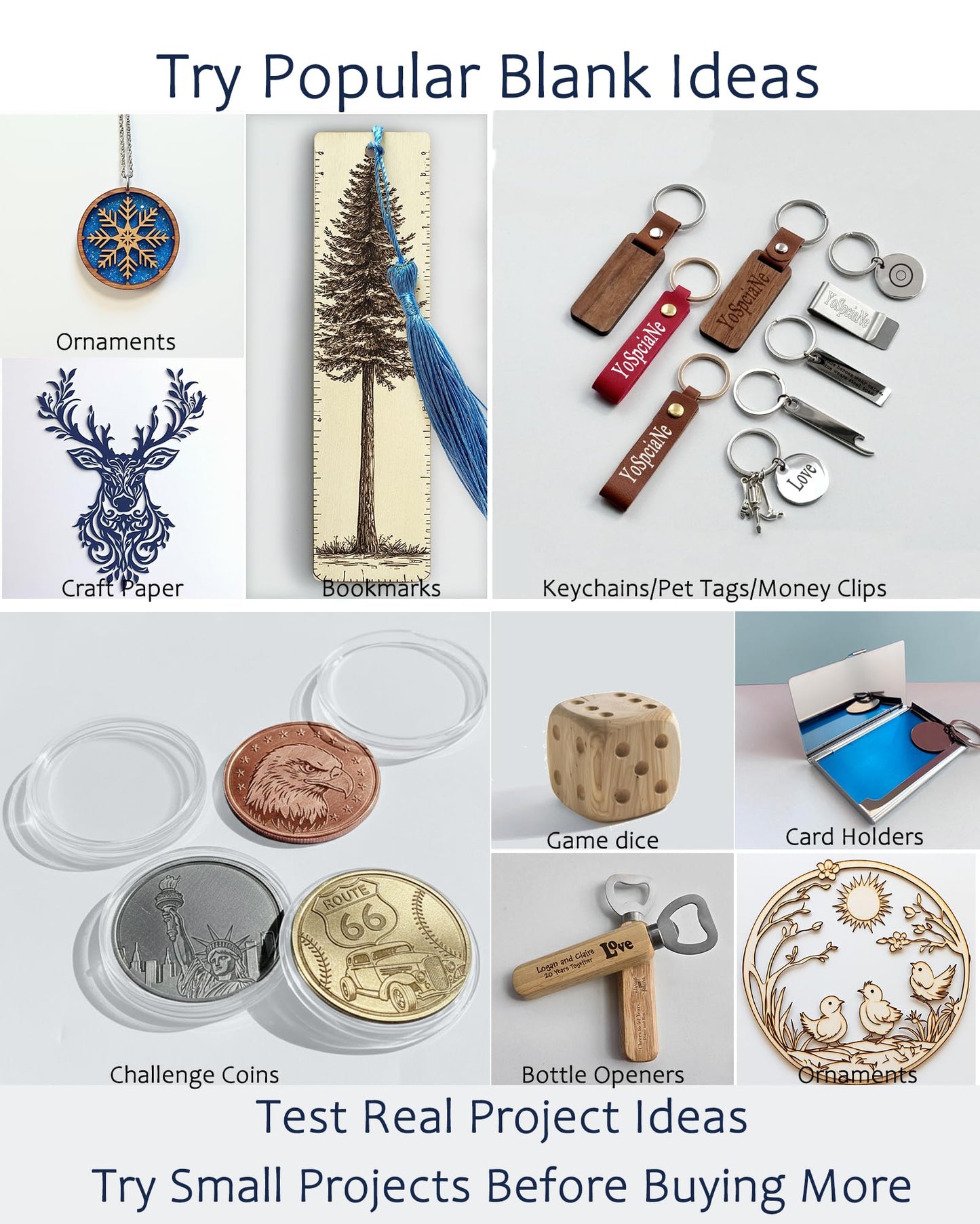 YoSpciaNe Laser Engraving Material Kit, 143 Pcs 19 Types Laser Engraver Blanks and Laser Engraver Supplies for Testing Common Materials, with Wood, Paper, Acrylic, Metal, PU Leather