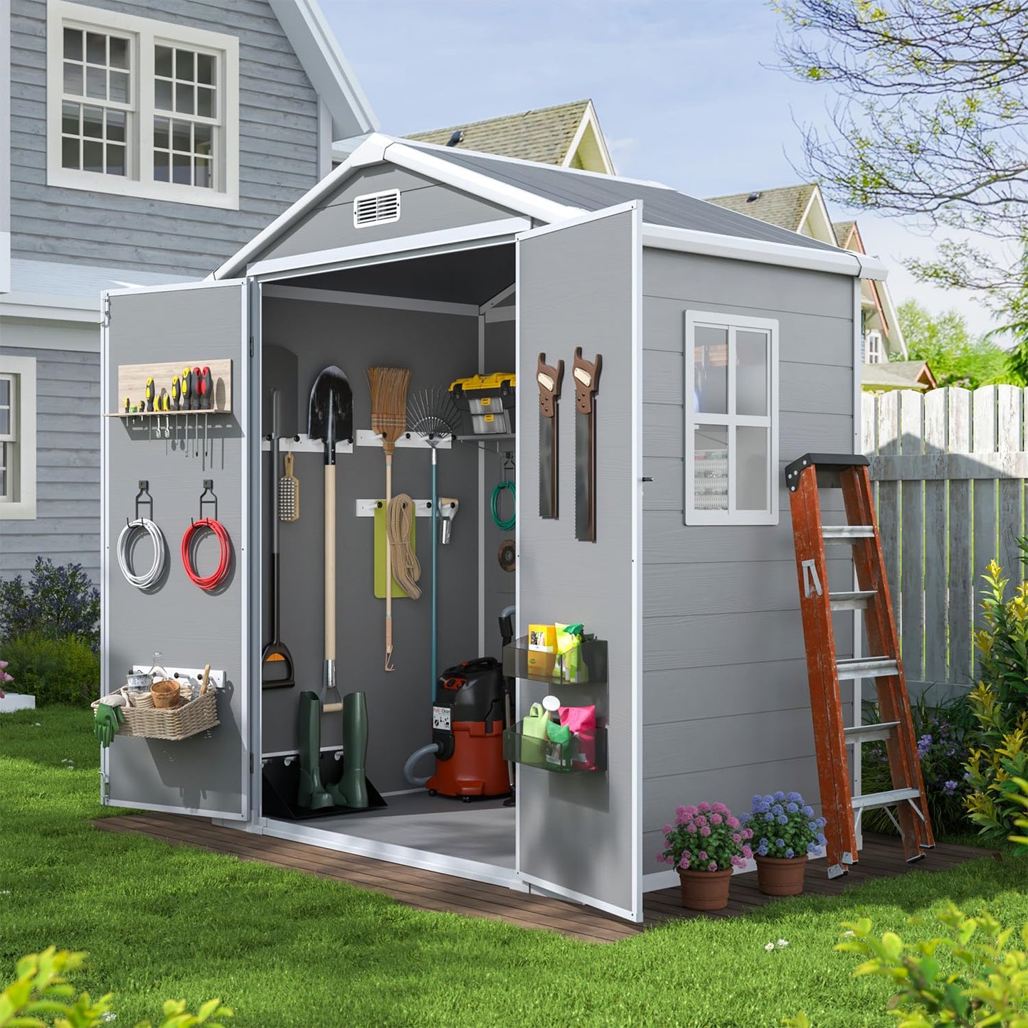 Aoxun 6x4 FT Outdoor Storage Shed, Plastic Garden Resin Shed with Floor and Window for Patio, Lawn, Outdoor Storage with Lockable Door for Bike, Tools, Garbage Can, Grey