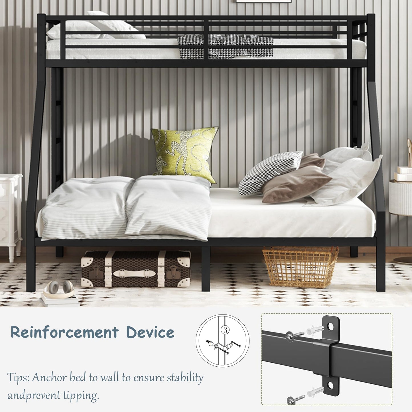 Bellemave Metal Twin XL Over Queen Bunk Bed for Adults/Kids,Heavy Duty Adults Bunk Beds with Guardrail & Ladders,Twin XL Over Queen Size Bunk Beds for Teens,Black