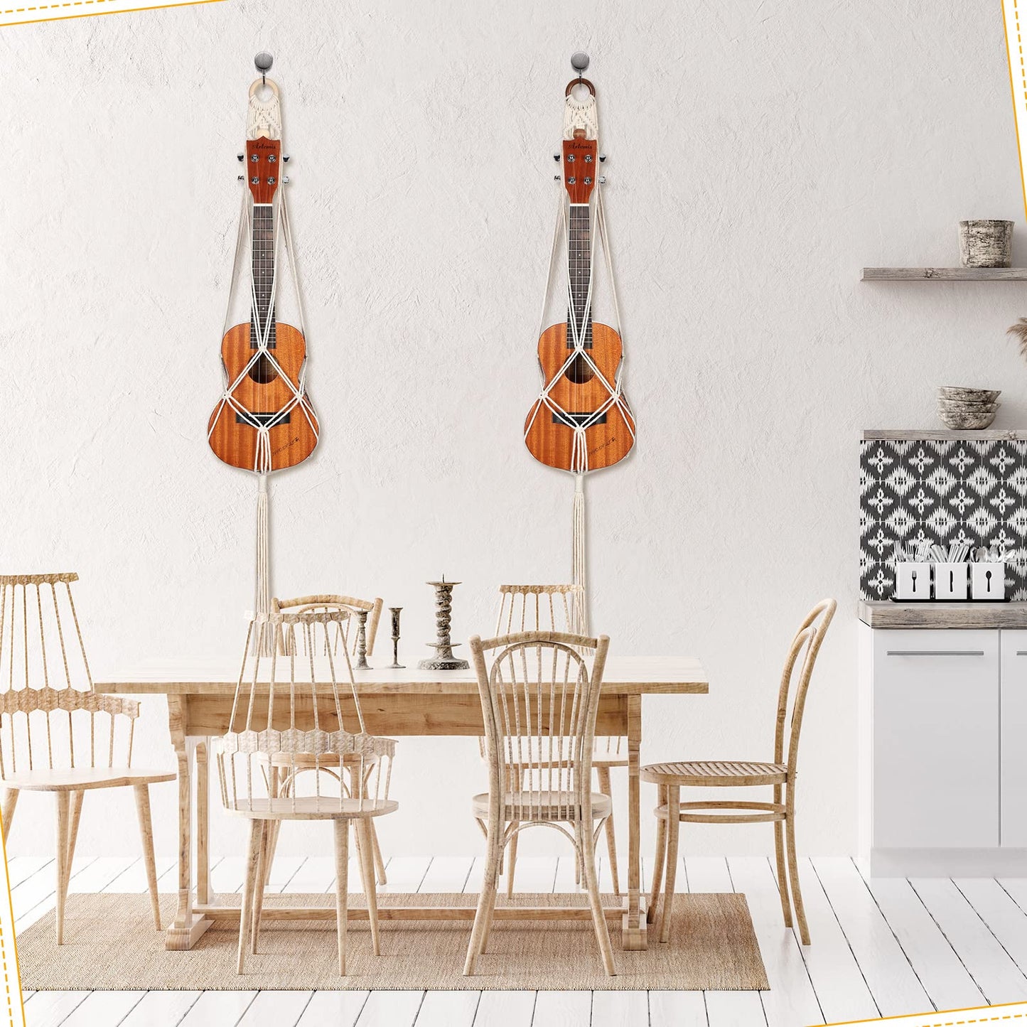 3 Pieces Macrame Ukulele Hanger Wall Mount, 21 to 24 Inches Boho Hanging Stand Holder for Soprano Case, Wall Decor Alternative Kit, Black Ring and Wooden Bead