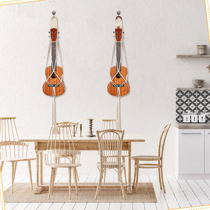 3 Pieces Macrame Ukulele Hanger Wall Mount, 21 to 24 Inches Boho Hanging Stand Holder for Soprano Case, Wall Decor Alternative Kit, Black Ring and Wooden Bead