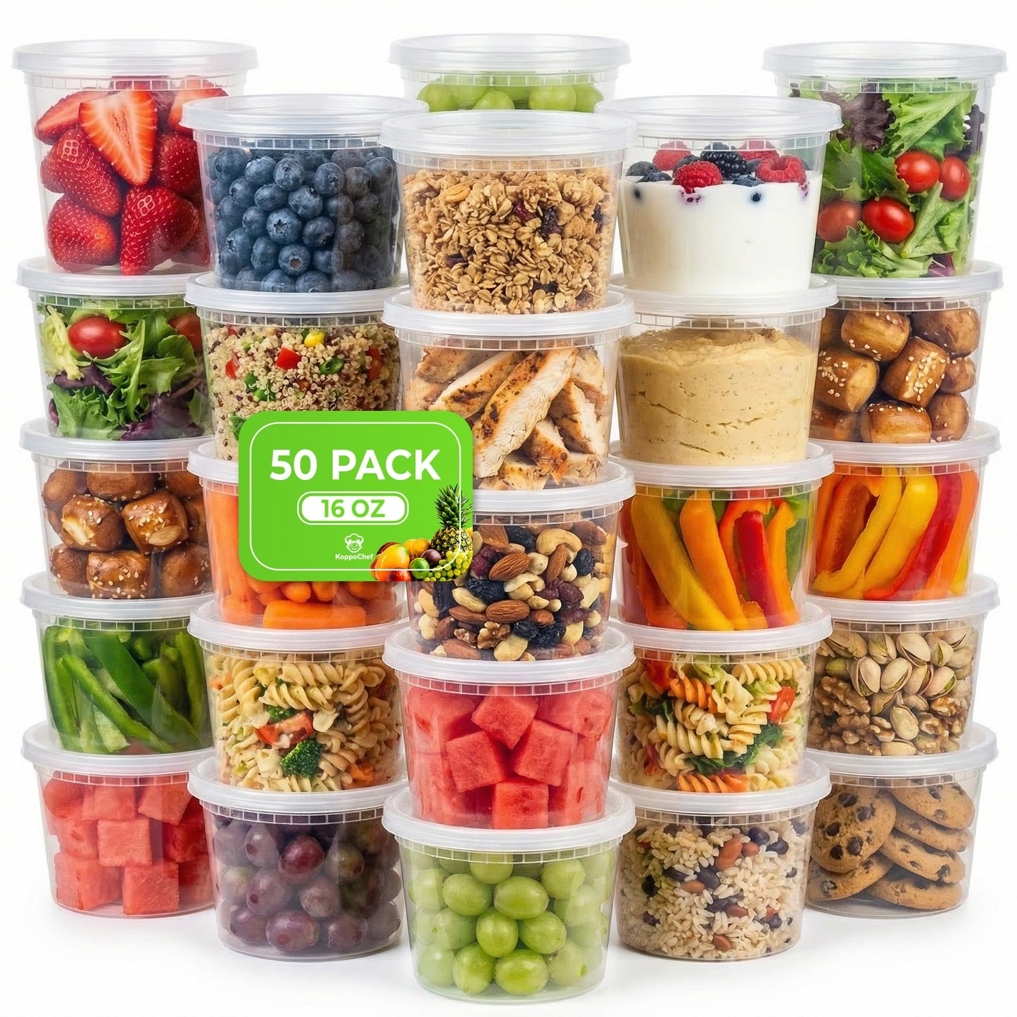 Koppochef 16oz Deli Containers [50 Pack], Leakproof and Durable, Microwave Dishwasher Freezer Safe, Stackable Storage Deli Containers with Lids, BPA Free and Recyclable