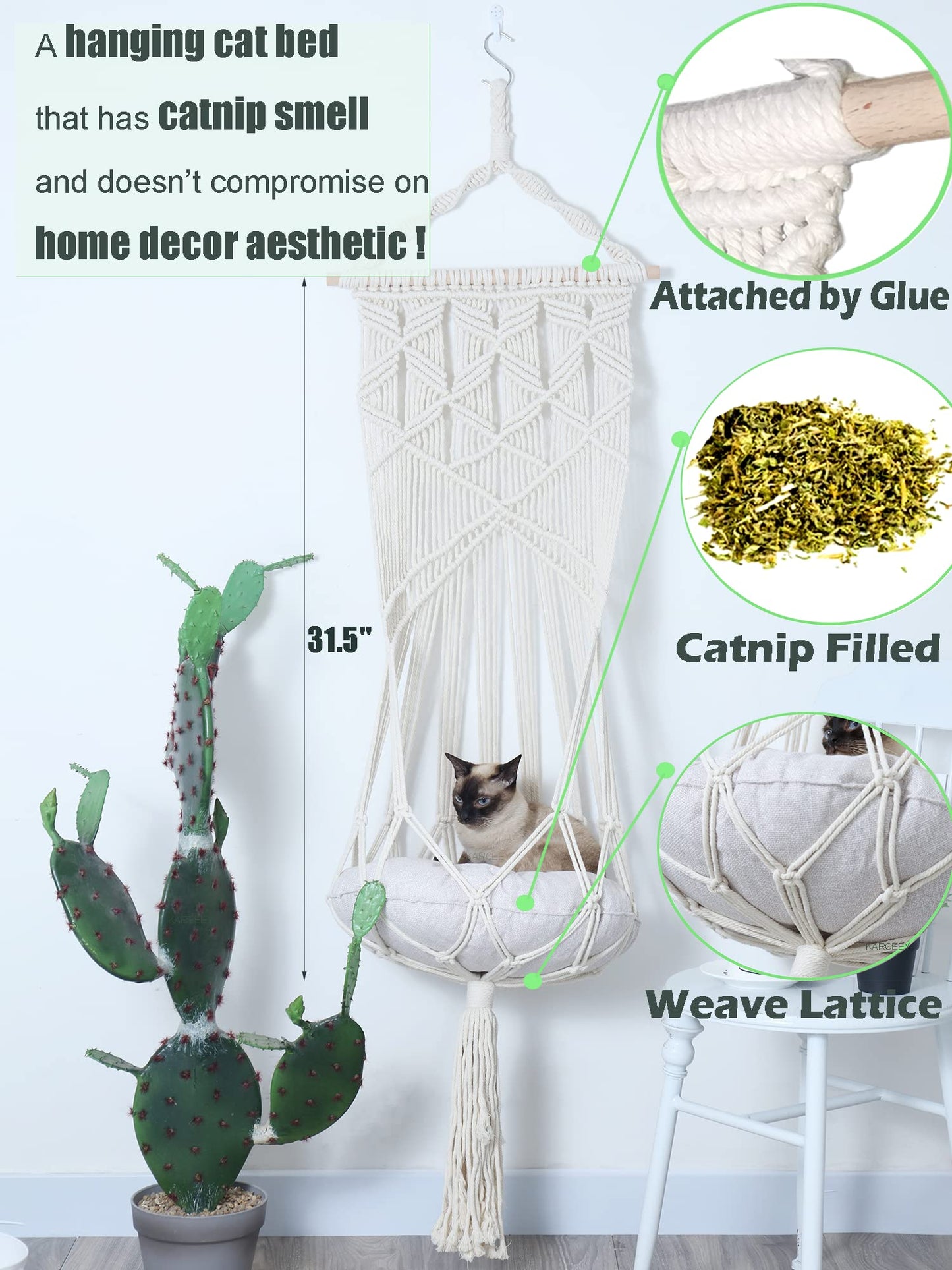 KARCEEY Macrame Cat Hammock Hanging Bed - Boho Wall Swing with Catnip Cushion for Wall Climber & Window Perch - Hardware Kit Included