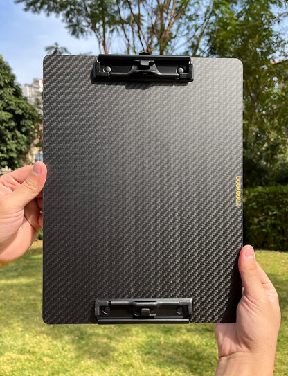 9.4"W x 12.6"L x 0.06"T Hard Lightweight Portable Carbon Fiber Clipboard with 2 Strong Black Low Profile Clips, Hook & Pen Holder, Letter/A4 Size Drawing Board, Waterproof & Sun Resistant, 3K Twill