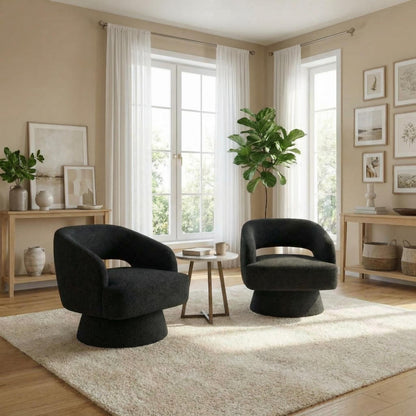 IDEALHOUSE Modern Swivel Accent Chairs Set of 2, Oversized Teddy Barrel Chairs, 360° Thickened Soft Cushion Rotating Round Arm Chairs for Living Room, Bedroom, Reading Nook, Black
