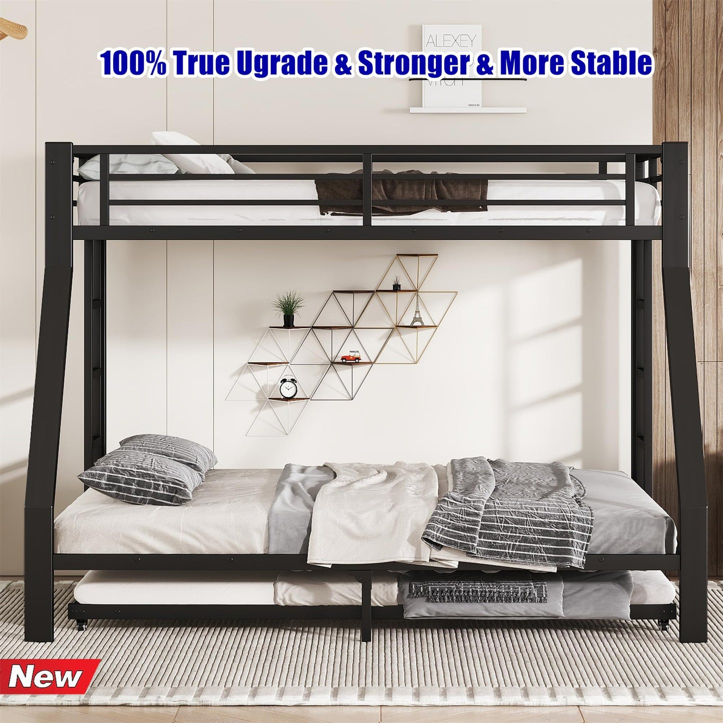NOAHLEO Stronger & Safer Heavy Duty Metal Twin XL Over Queen Size Bunk Bed with Twin Trundle for Adults Teens, More Stable Thickened Steel Bunkbed (Twin XL Over Queen with Twin Trundle)
