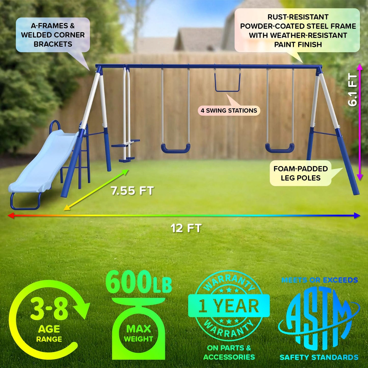 Sportspower Arcadia Star Burst Swing Set: Outdoor Heavy-Duty Metal Playset for Kids with LED Light Up Slide, Swings & Trapeze