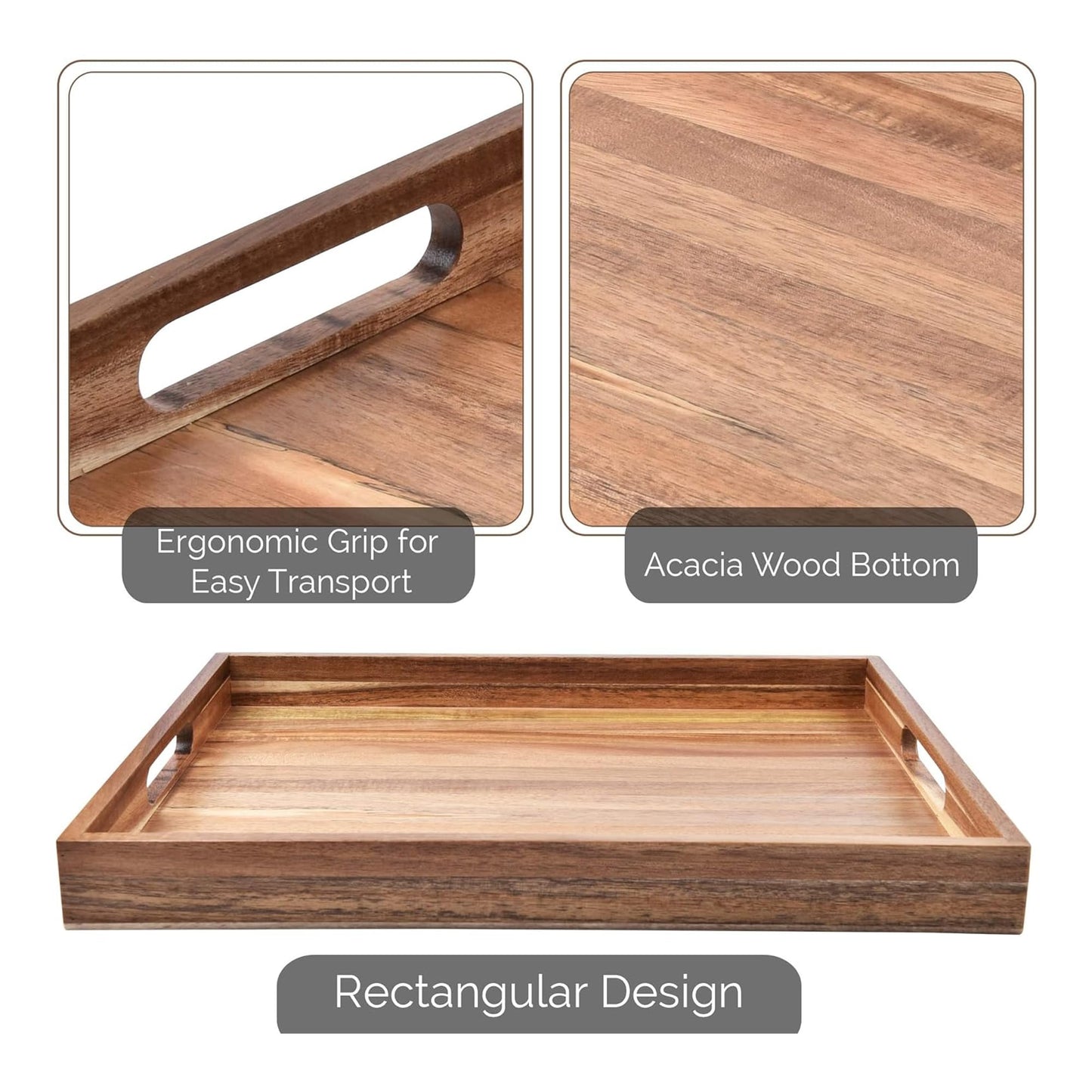 Acacia Wood Serving Tray with Handles Set of 2 – Decorative Serving Trays Platter for Breakfast in Bed, Lunch, Dinner, Patio, Ottoman, Coffee Table, BBQ, Party –Great for Lap &Couch