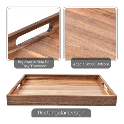 Acacia Wood Serving Tray with Handles Set of 2 – Decorative Serving Trays Platter for Breakfast in Bed, Lunch, Dinner, Patio, Ottoman, Coffee Table, BBQ, Party –Great for Lap &Couch