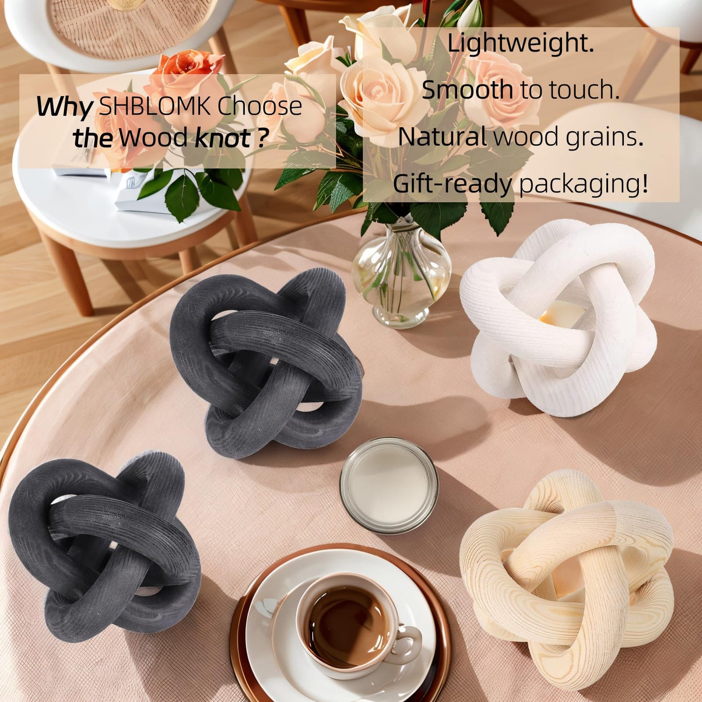 SHBLOMK 3 Link Hand Carved Wood Knot, Wood Chain Link Decor, Rustic Decorative Objects for Home, Living Room, Bedroom, Coffee Table, Modern Farmhouse Shelf Decor (Natural)
