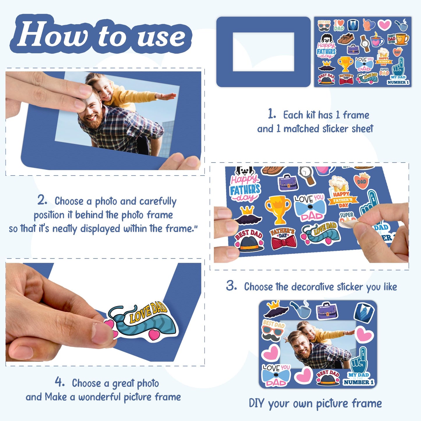 Set 24 Frames Fathers Day Crafts for Classroom with 264 Stickers, Easy DIY Project Fathers Day Gifts Bulk, Manualidades para El Dia Del Padre, DIY Ideas for Dad Kit (Paper Frame, Fit 2.6x4" Photo)