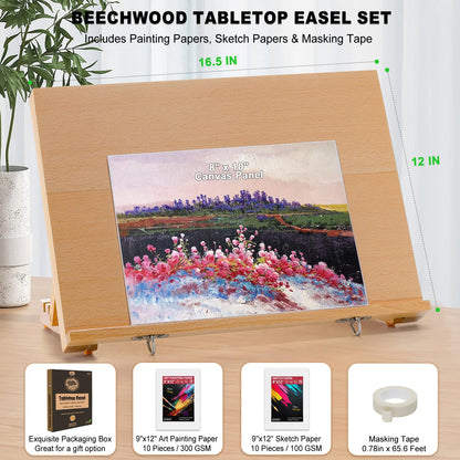 Tabletop Easel for Painting, 16.5"x12" Adjustable Portable Beechwood Drawing Board with Detachable Strap, Art Easel Includes Art Painting Papers, Sketch Papers and Masking Tape, Ideal for Diamond Art