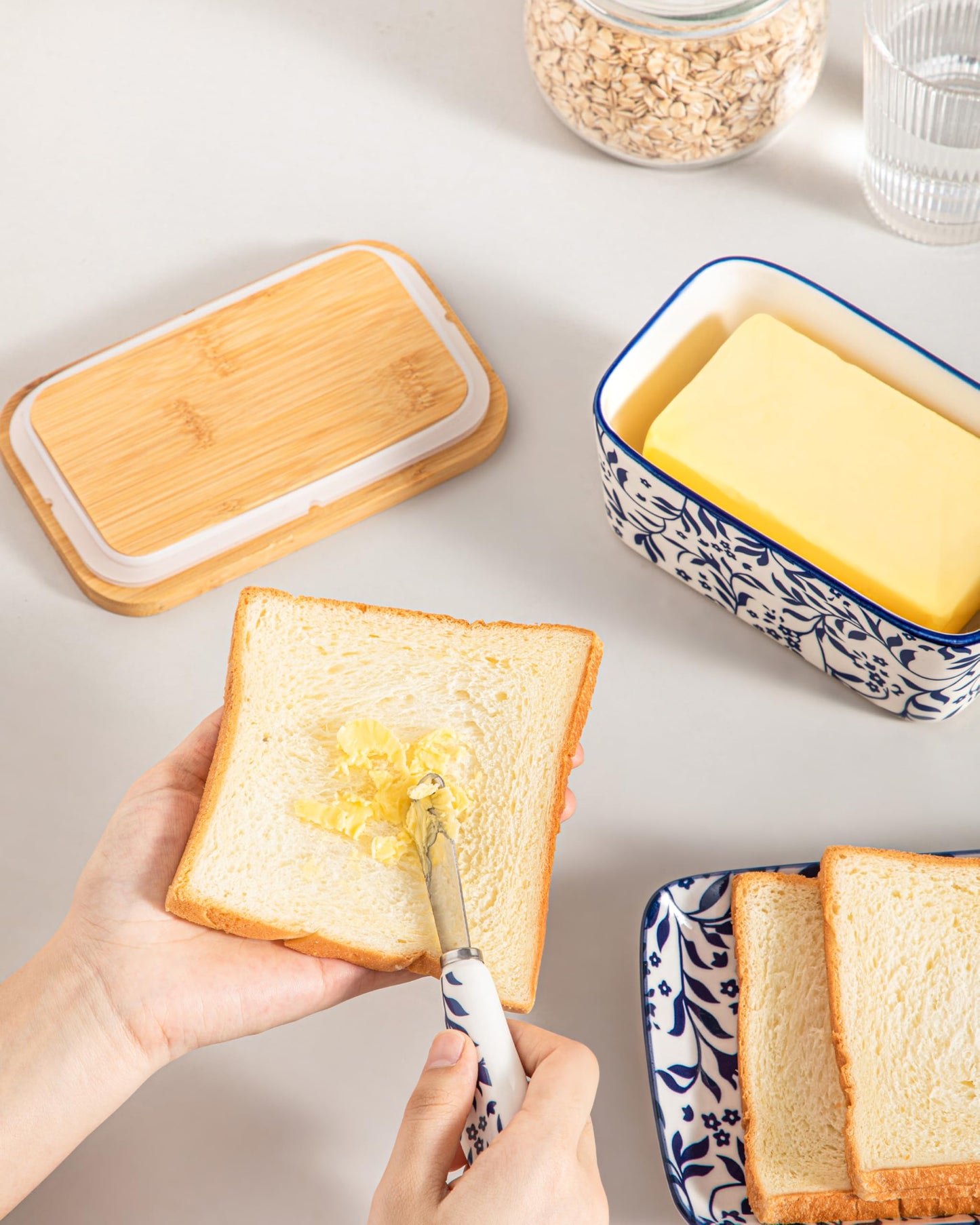 vancasso SELENE Butter Dish with Lid, 6.5" Large Butter Dish for Countertop, Ceramic Butter Keeper Container with Knife and Bamboo Lid, Delicate Floral Pattern