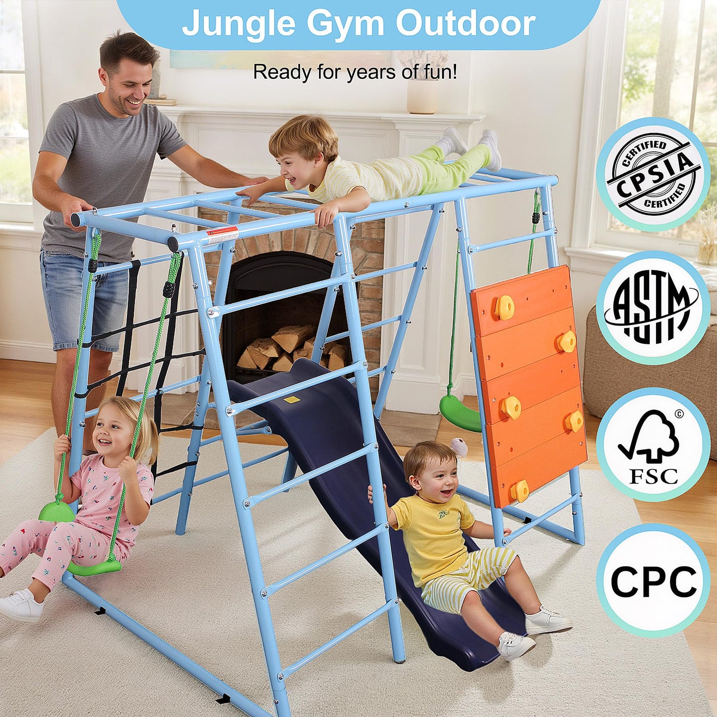 YuAnWe 6 in 1 Indoor Playground, Metal Jungle Gym with Climbing Wall, Slide, Monkey Bars, Rope Ladders and Two Swings, Playset for Kids Ages 3-12