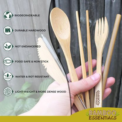 Travel Utensils with Case Set Fork, Knife, Spoon, Chopsticks, Straw, Straw-cleaning brush, Travel Pouch and Carabiner, Excellent For Everyday Use! ((2 Sets) Midnight Black/Sunrise Yellow)