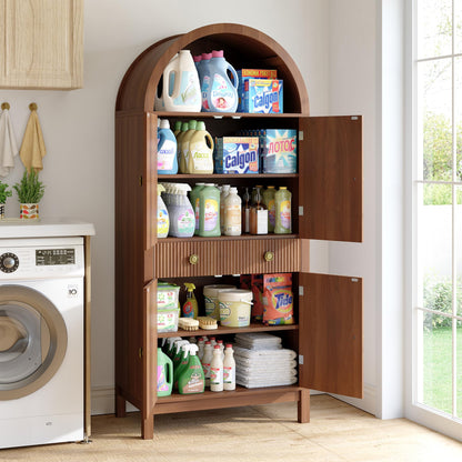 Apicizon 70" Tall Arched Kitchen Pantry Cabinet, 6-Tier Modern Fluted Wood Storage Cabinet with Doors Drawer & Adjustable Shelves, Farmhouse Cupboard Organizer for Dining Room, Bathroom, Walnut