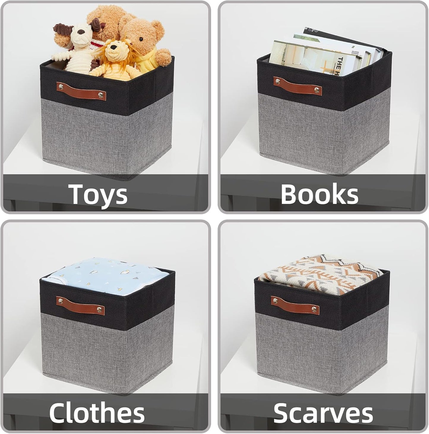 HNZIGE Fabric 11x11 Cube Storage Bins, Set of 4, Foldable Baskets for Shelves with Handles for Home Toy Organizer