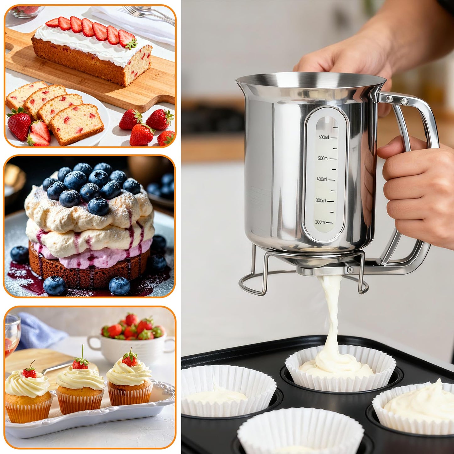 32oz 900ml Pancake Batter Dispenser, Stainless Steel Batter Dispenser with Handle, Visible Scale, Pancake Mix Dispensers for Funnel Cake, Pancakes, Cupcakes, Waffles, Crepes