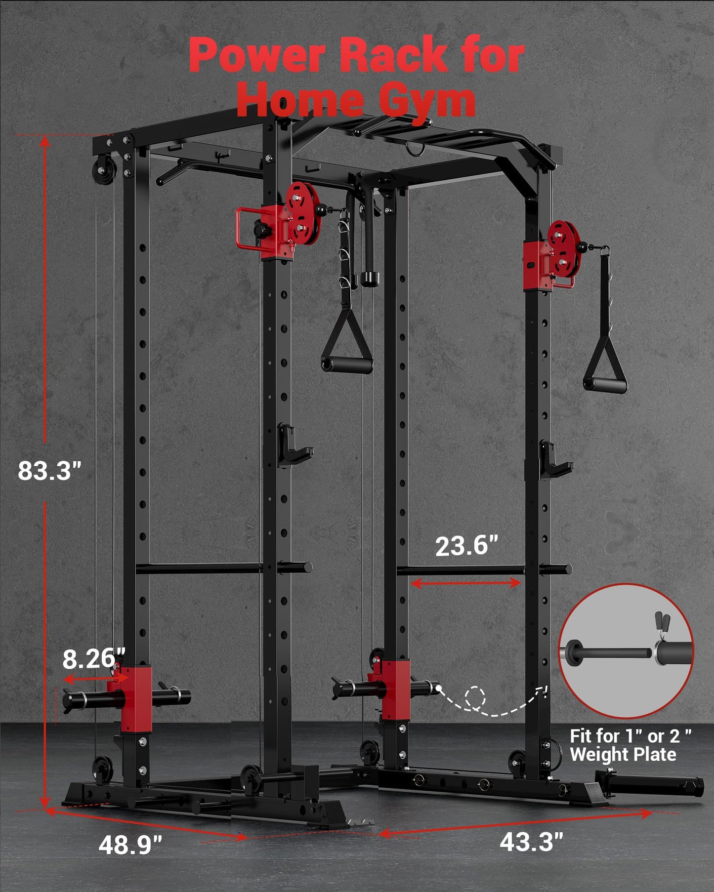 Garvee Power Cage, Multi-Functional Power Racks for Home Gym with Dual Pulley Systems, 1200 LBS Weight Capacity Fitness Squat Rack for Strength Workout with More Training Attachment, Red